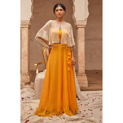 Geroo Luxe Yellow Mukaish Lehenga with Blouse and Cape