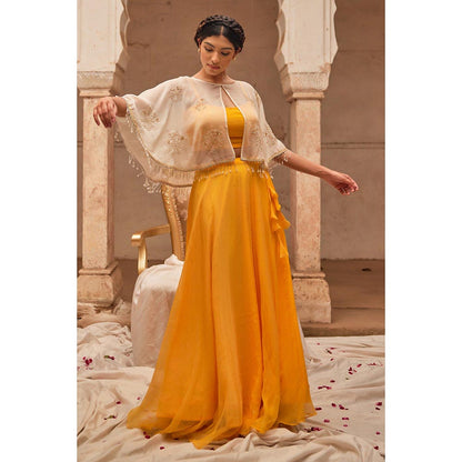 Geroo Luxe Yellow Mukaish Lehenga with Blouse and Cape