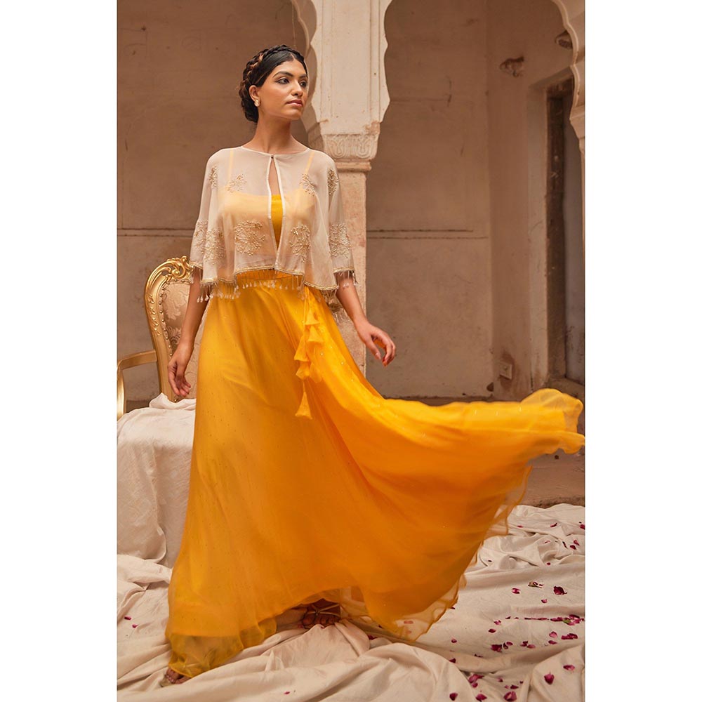 Geroo Luxe Yellow Mukaish Lehenga with Blouse and Cape