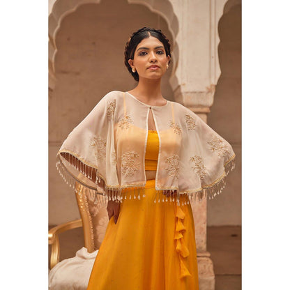 Geroo Luxe Yellow Mukaish Lehenga with Blouse and Cape