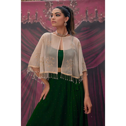 Geroo Luxe Green Mukaish Lehenga with Blouse and Cape