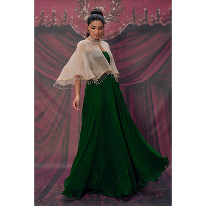 Geroo Luxe Green Mukaish Lehenga with Blouse and Cape
