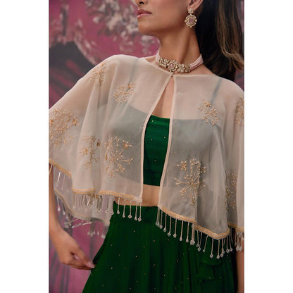 Geroo Luxe Green Mukaish Lehenga with Blouse and Cape