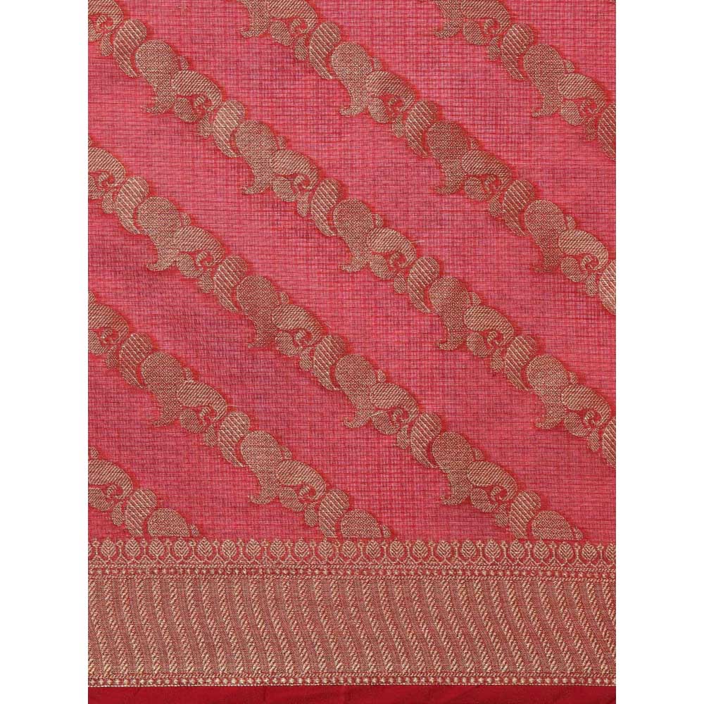 Geroo Jaipur Red Kota Silk Floral Zari Saree
