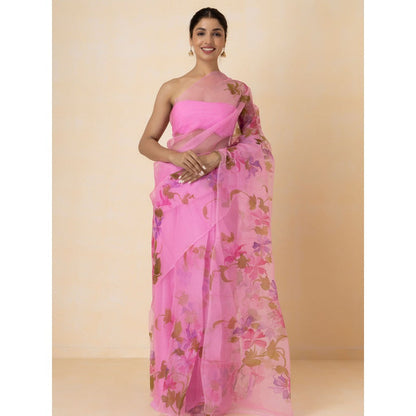 Geroo Luxe Pink Organza Hand Painted Saree