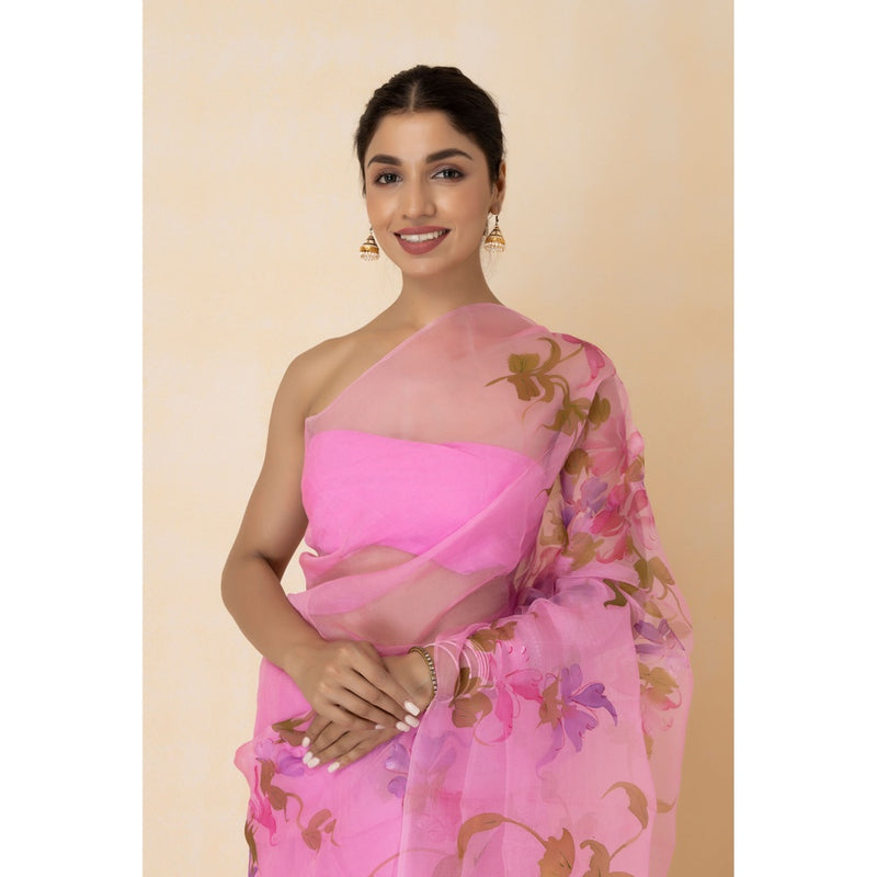 Geroo Luxe Pink Organza Hand Painted Saree