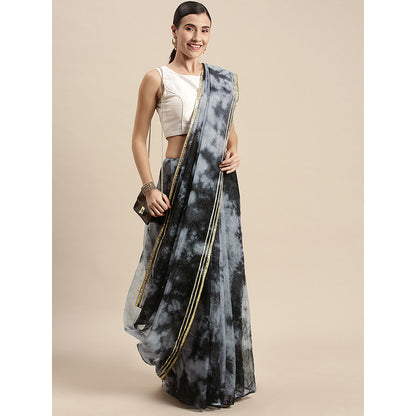 Geroo Jaipur Black & Grey Handcrafted Shibori Organza Saree