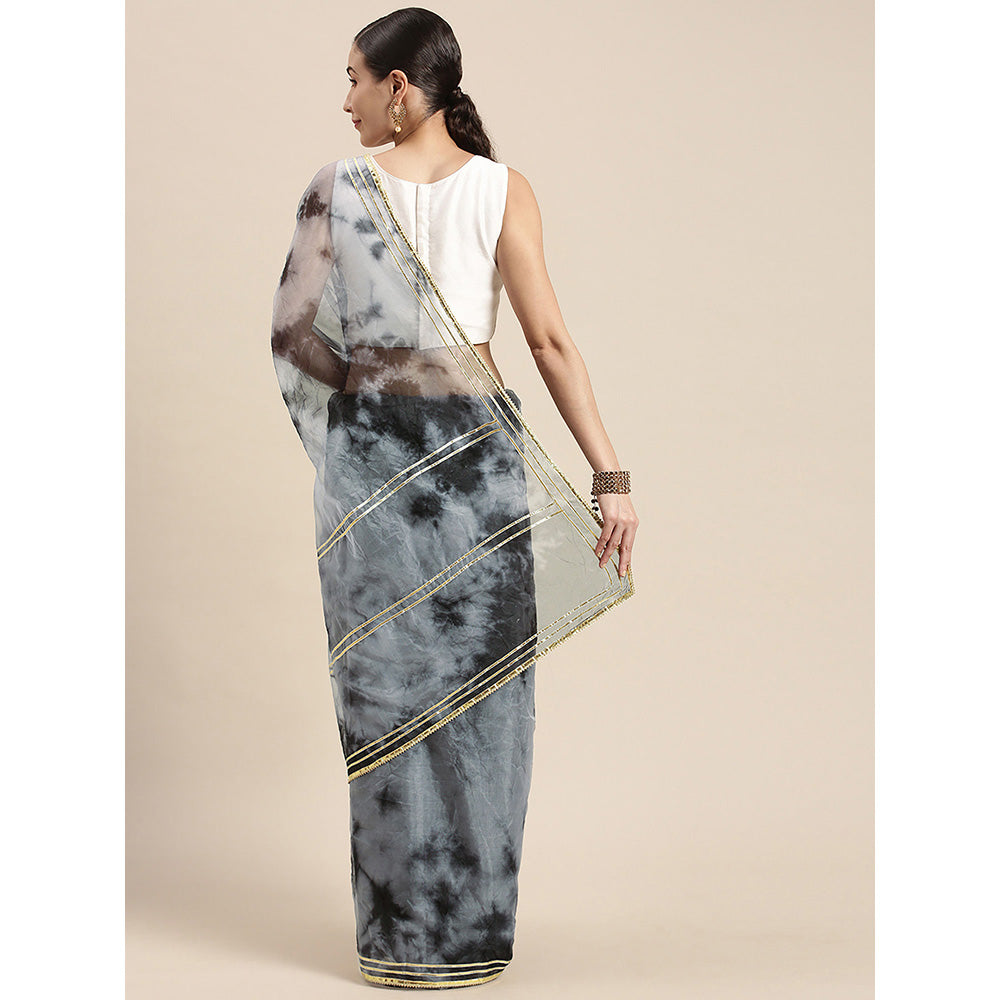 Geroo Jaipur Black & Grey Handcrafted Shibori Organza Saree
