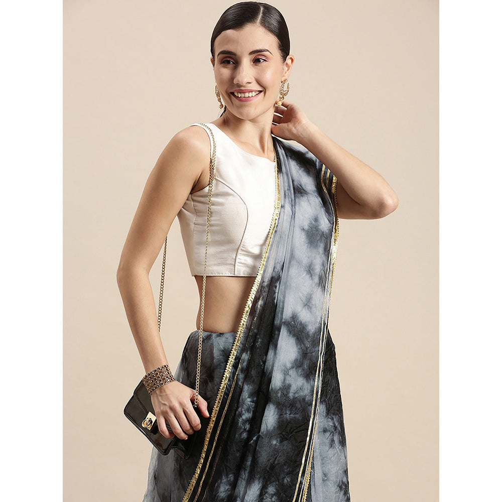 Geroo Jaipur Black & Grey Handcrafted Shibori Organza Saree