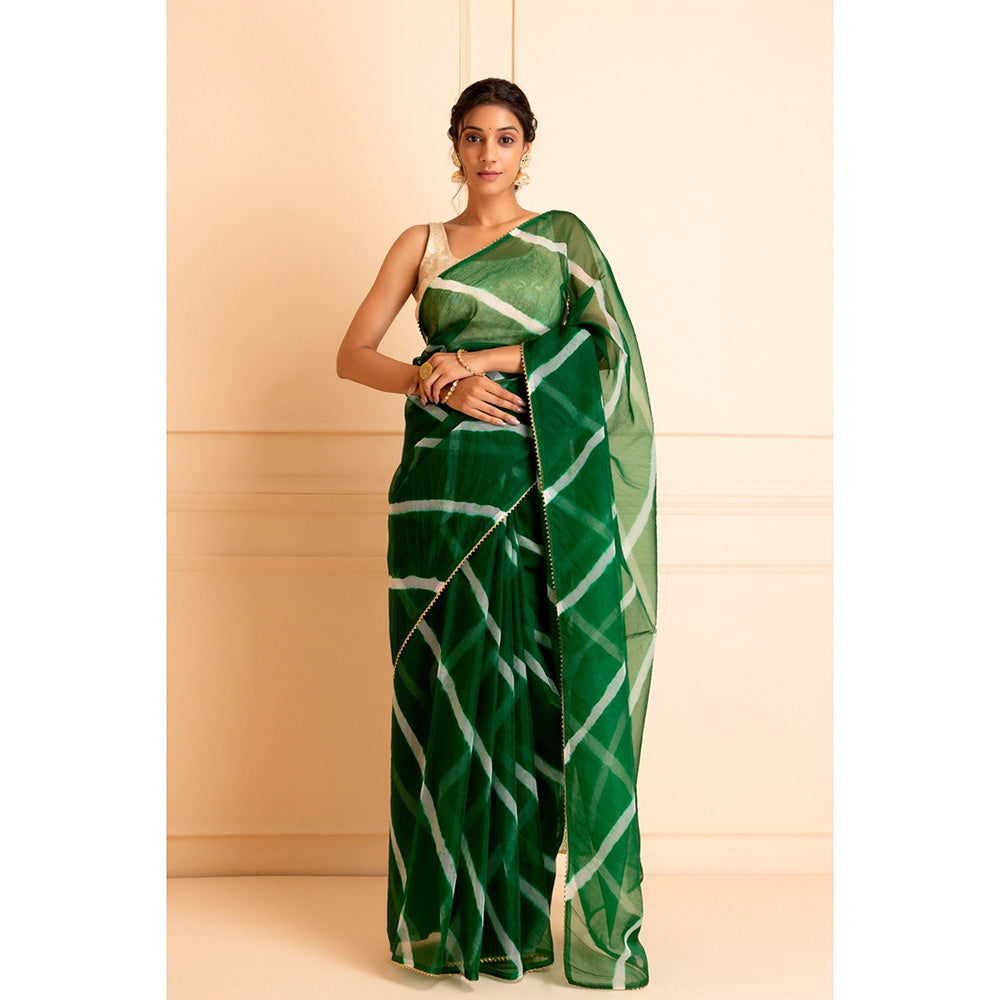 Geroo Jaipur Green Handcrafted Leheriya Organza Saree