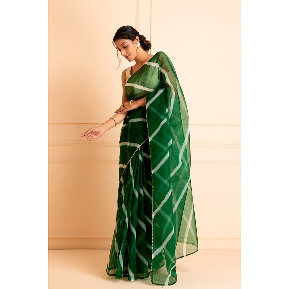 Geroo Jaipur Green Handcrafted Leheriya Organza Saree
