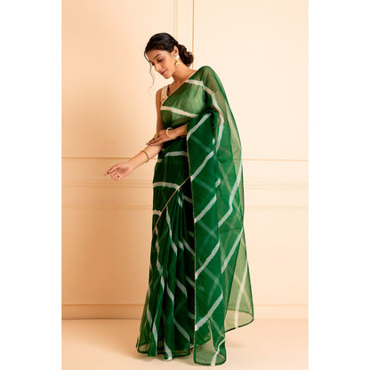 Geroo Jaipur Green Handcrafted Leheriya Organza Saree