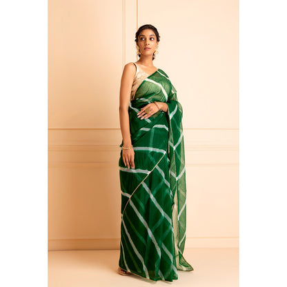 Geroo Jaipur Green Handcrafted Leheriya Organza Saree
