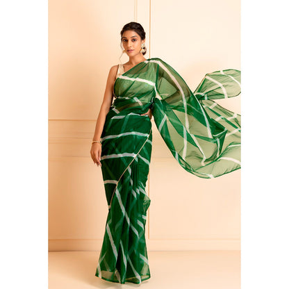 Geroo Jaipur Green Handcrafted Leheriya Organza Saree