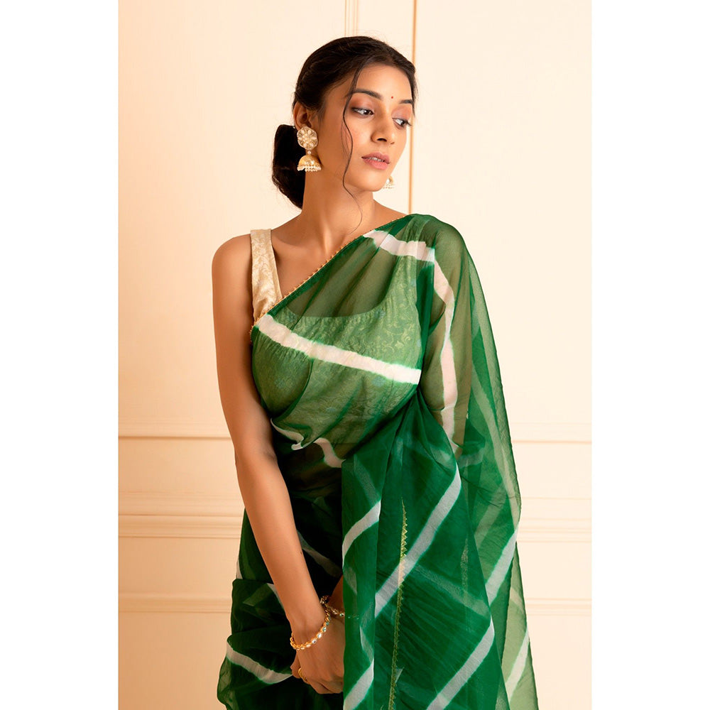 Geroo Jaipur Green Handcrafted Leheriya Organza Saree