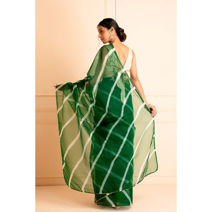 Geroo Jaipur Green Handcrafted Leheriya Organza Saree