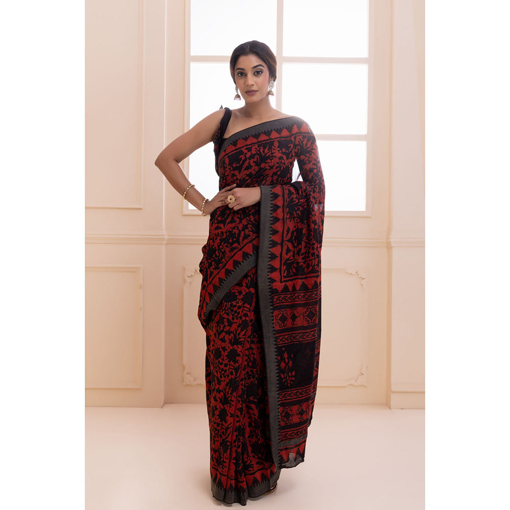 Geroo Jaipur Black Pure Chanderi Hand Block Printed Temple Border Saree with Unstitched Blouse