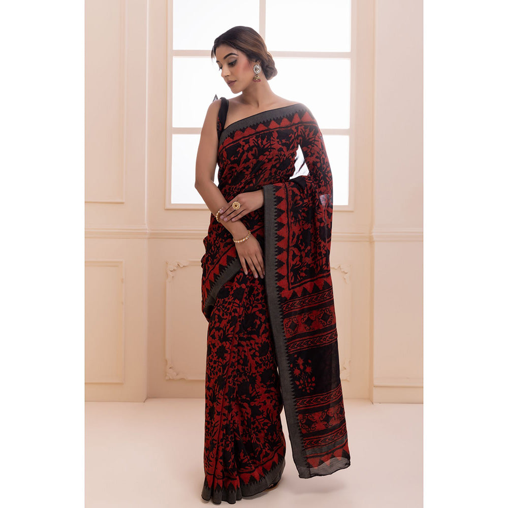 Geroo Jaipur Black Pure Chanderi Hand Block Printed Temple Border Saree with Unstitched Blouse
