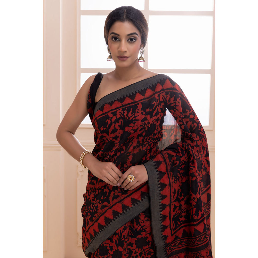 Geroo Jaipur Black Pure Chanderi Hand Block Printed Temple Border Saree with Unstitched Blouse