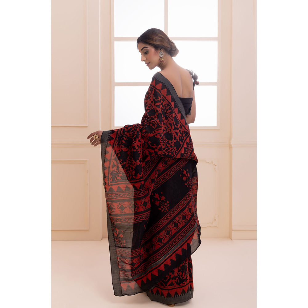 Geroo Jaipur Black Pure Chanderi Hand Block Printed Temple Border Saree with Unstitched Blouse