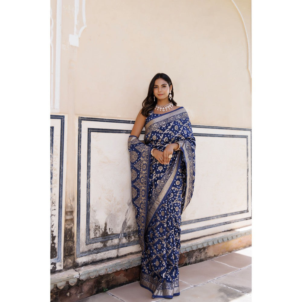 Geroo Luxe Blue Silk Banarasi Bandhani Saree with Unstitched Blouse