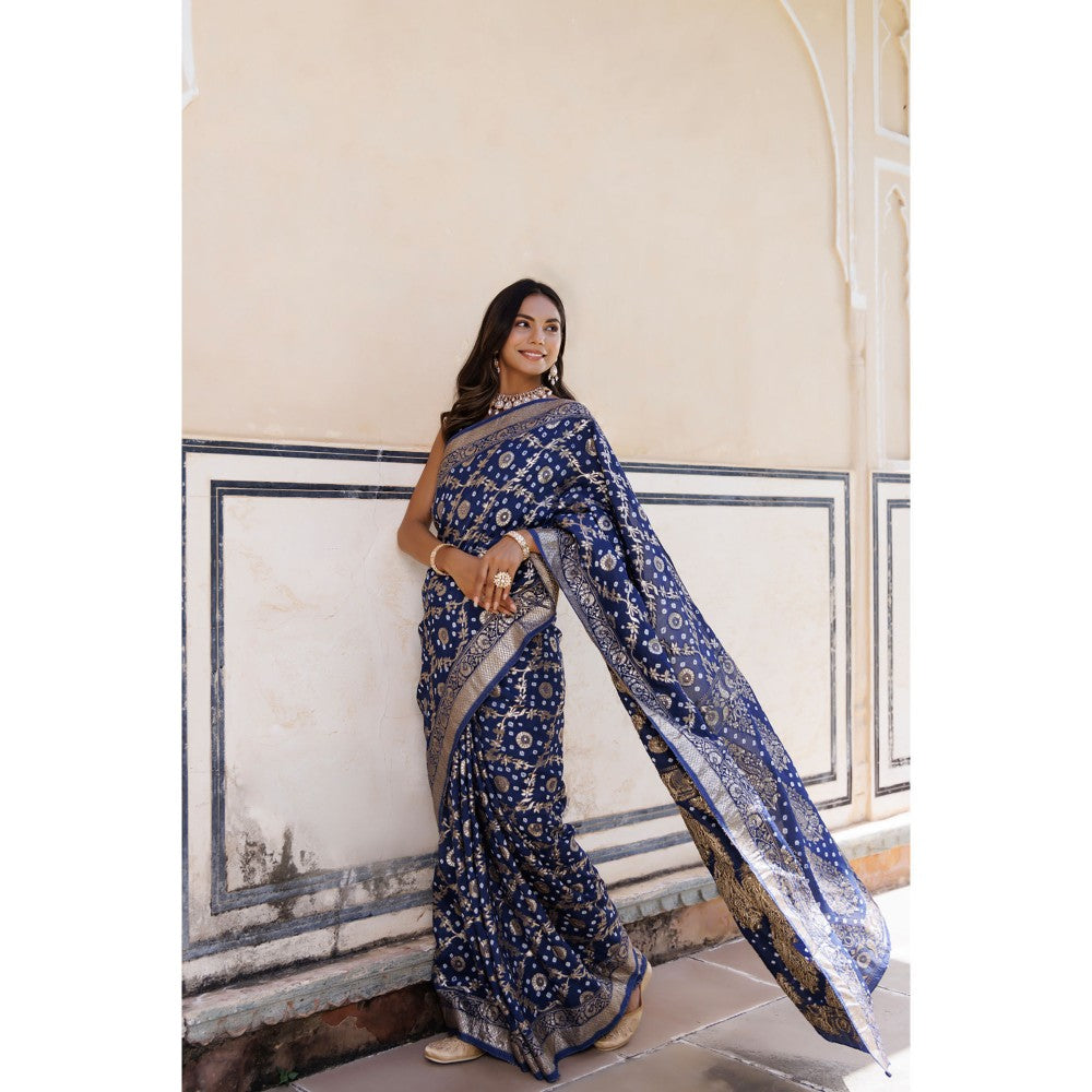Geroo Luxe Blue Silk Banarasi Bandhani Saree with Unstitched Blouse