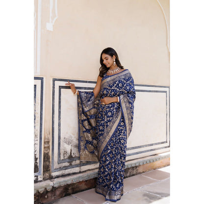 Geroo Luxe Blue Silk Banarasi Bandhani Saree with Unstitched Blouse