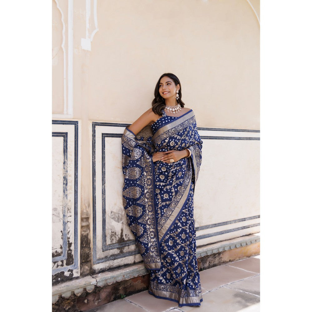 Geroo Luxe Blue Silk Banarasi Bandhani Saree with Unstitched Blouse