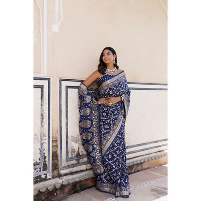 Geroo Luxe Blue Silk Banarasi Bandhani Saree with Unstitched Blouse
