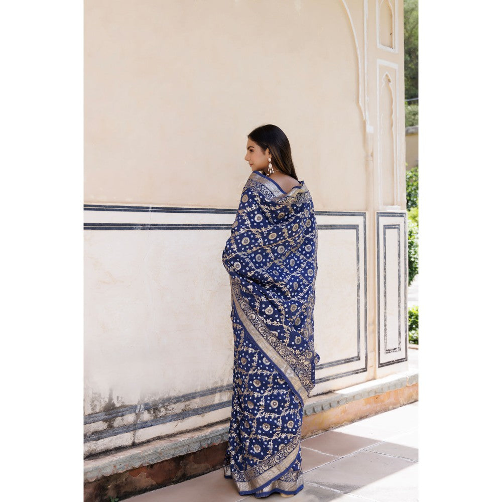 Geroo Luxe Blue Silk Banarasi Bandhani Saree with Unstitched Blouse