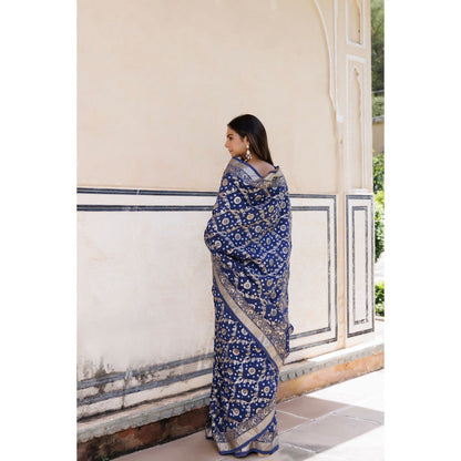 Geroo Luxe Blue Silk Banarasi Bandhani Saree with Unstitched Blouse