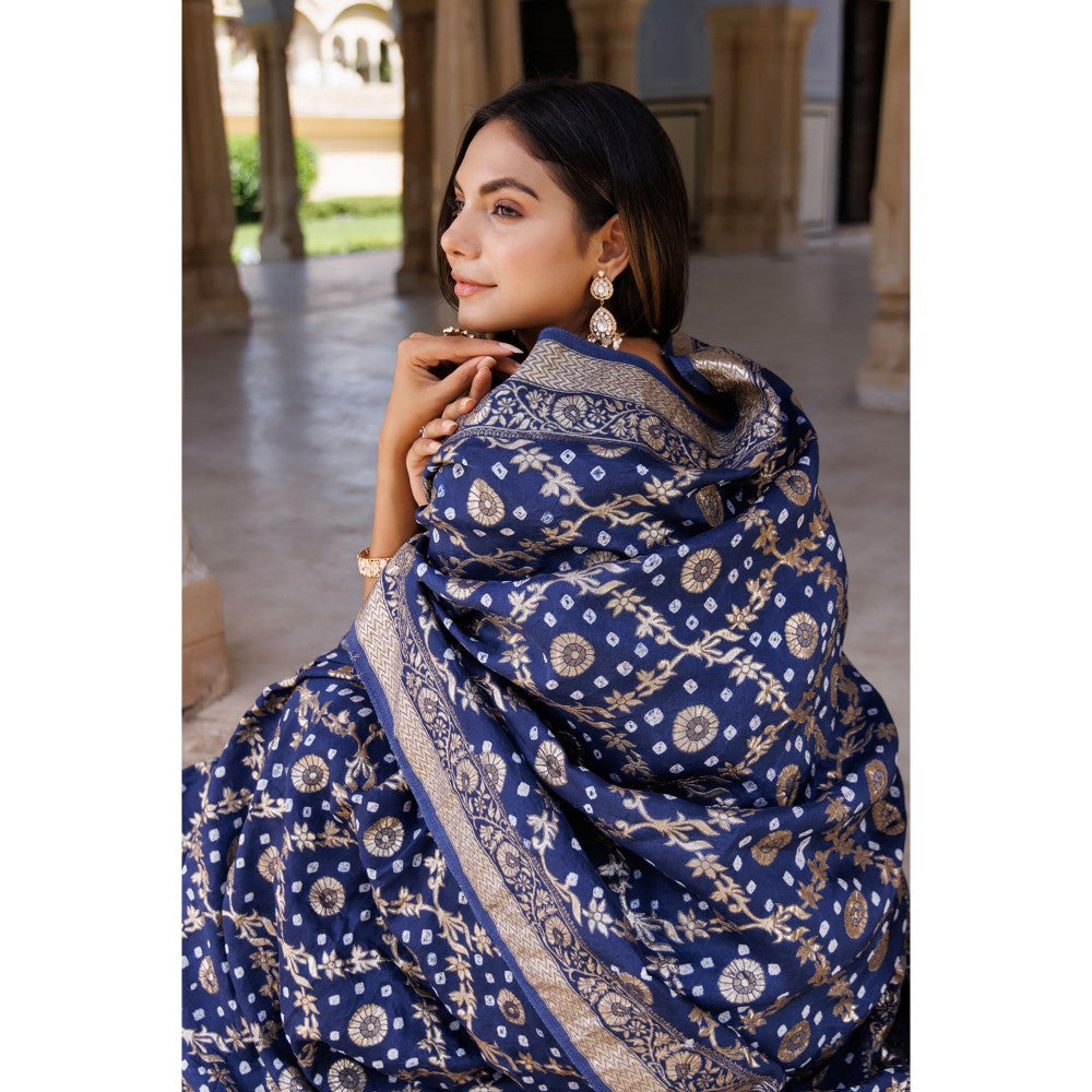 Geroo Luxe Blue Silk Banarasi Bandhani Saree with Unstitched Blouse