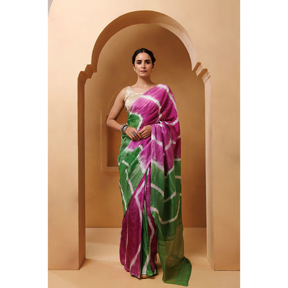 Geroo Jaipur Pink Green Tabby Silk Hand Dyed Leheriya Saree with Unstitched Blouse