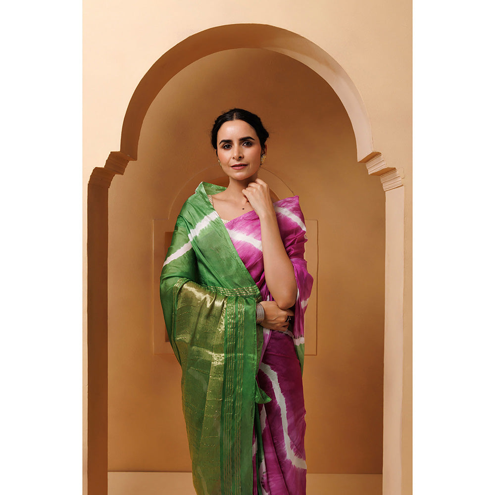 Geroo Jaipur Pink Green Tabby Silk Hand Dyed Leheriya Saree with Unstitched Blouse