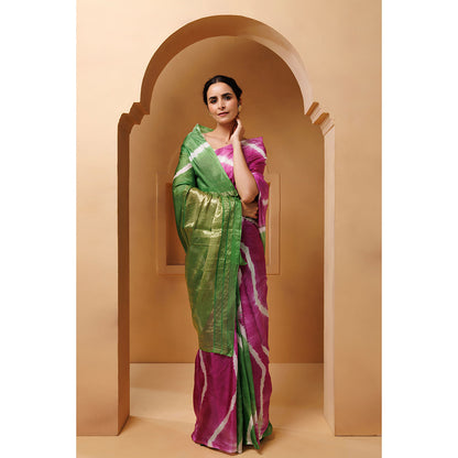 Geroo Jaipur Pink Green Tabby Silk Hand Dyed Leheriya Saree with Unstitched Blouse