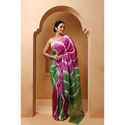 Geroo Jaipur Pink Green Tabby Silk Hand Dyed Leheriya Saree with Unstitched Blouse