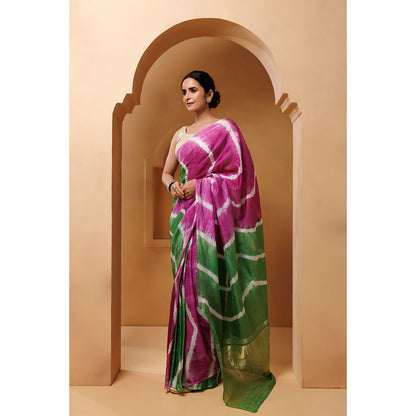Geroo Jaipur Pink Green Tabby Silk Hand Dyed Leheriya Saree with Unstitched Blouse