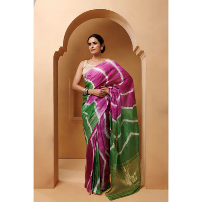 Geroo Jaipur Pink Green Tabby Silk Hand Dyed Leheriya Saree with Unstitched Blouse