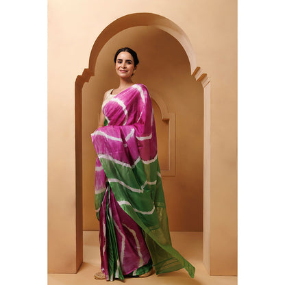 Geroo Jaipur Pink Green Tabby Silk Hand Dyed Leheriya Saree with Unstitched Blouse