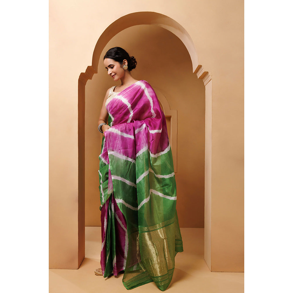 Geroo Jaipur Pink Green Tabby Silk Hand Dyed Leheriya Saree with Unstitched Blouse