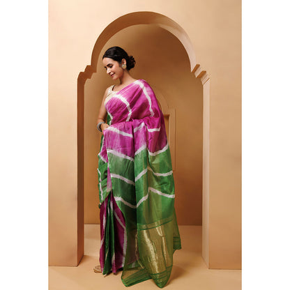Geroo Jaipur Pink Green Tabby Silk Hand Dyed Leheriya Saree with Unstitched Blouse