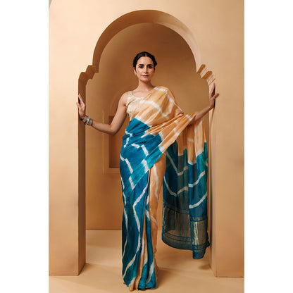 Geroo Jaipur Beige Turquoise Blue Tabby Silk Hand Dyed Leheriya Saree with Unstitched Blouse