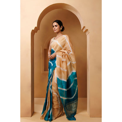 Geroo Jaipur Beige Turquoise Blue Tabby Silk Hand Dyed Leheriya Saree with Unstitched Blouse