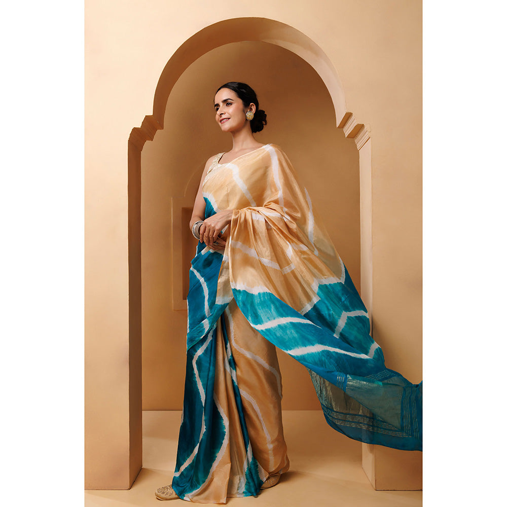 Geroo Jaipur Beige Turquoise Blue Tabby Silk Hand Dyed Leheriya Saree with Unstitched Blouse