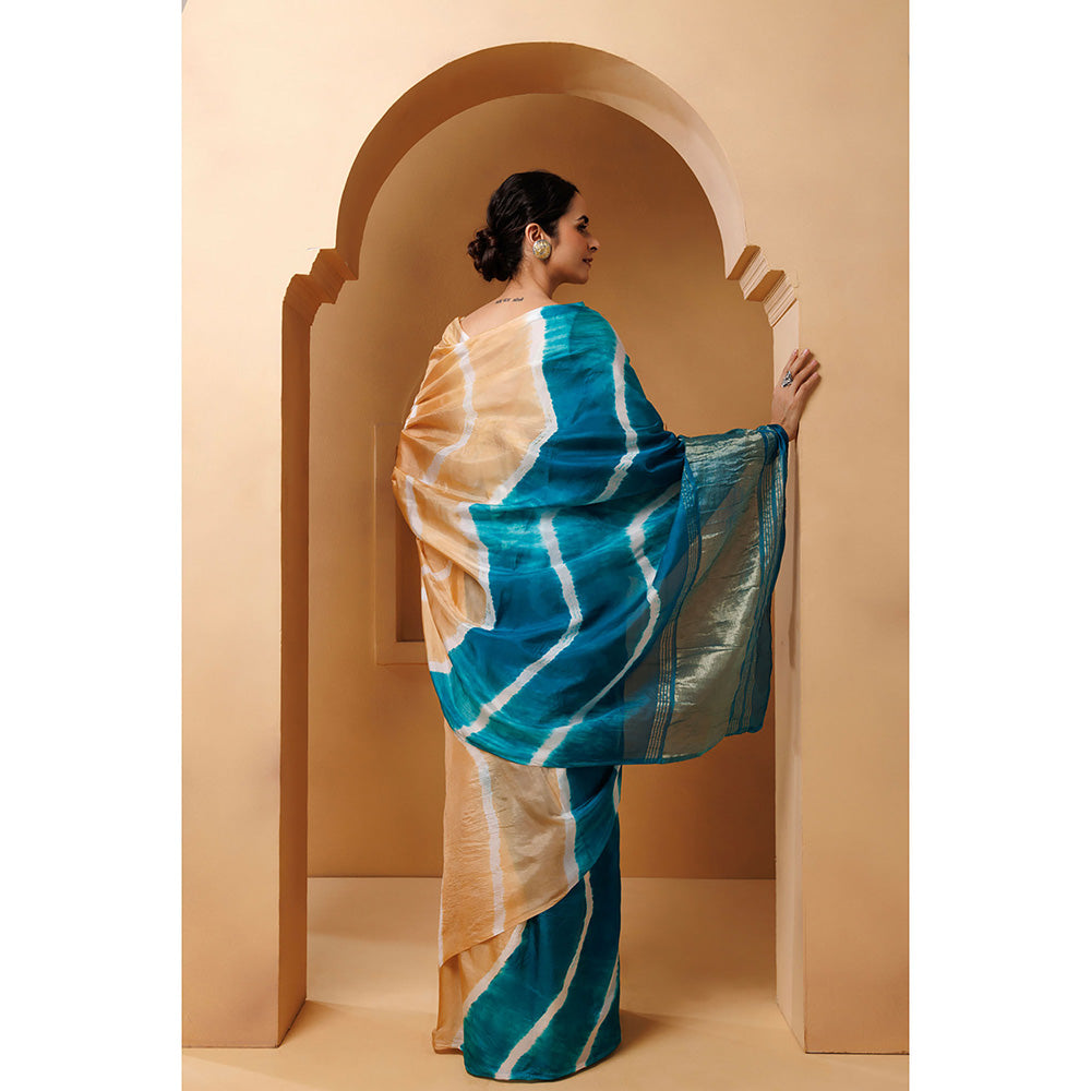 Geroo Jaipur Beige Turquoise Blue Tabby Silk Hand Dyed Leheriya Saree with Unstitched Blouse
