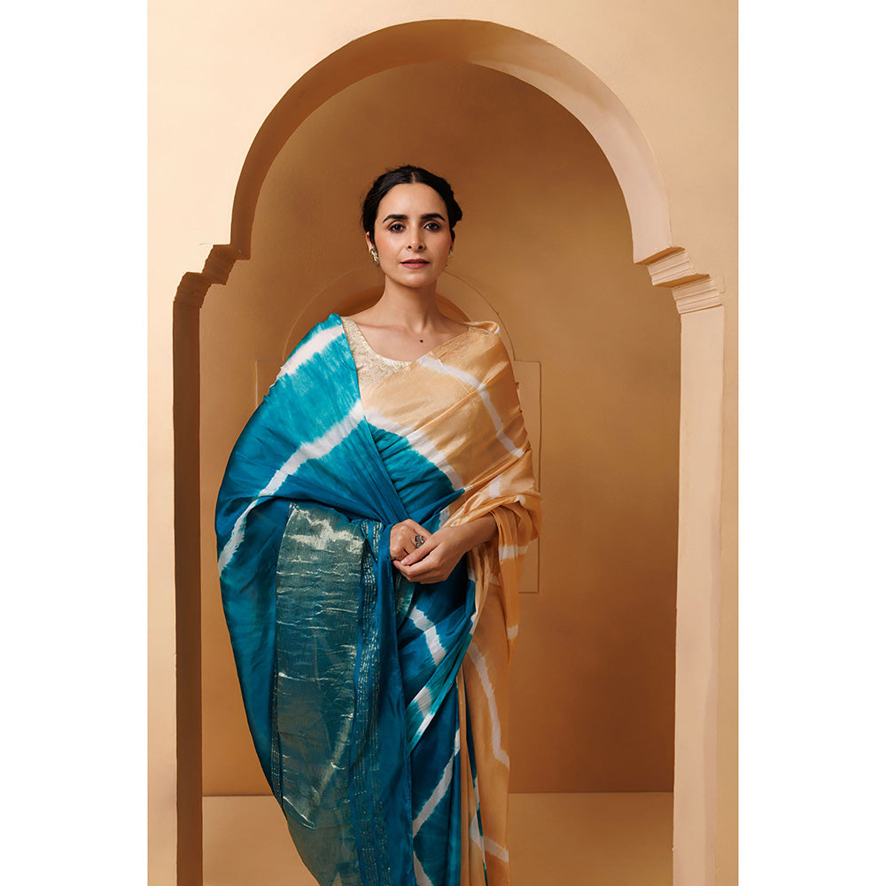 Geroo Jaipur Beige Turquoise Blue Tabby Silk Hand Dyed Leheriya Saree with Unstitched Blouse