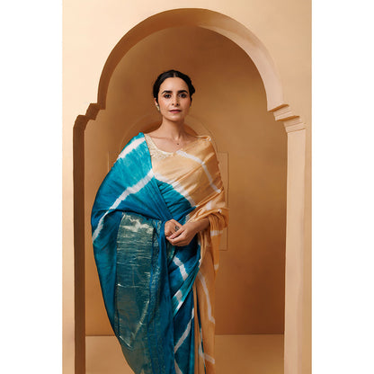 Geroo Jaipur Beige Turquoise Blue Tabby Silk Hand Dyed Leheriya Saree with Unstitched Blouse