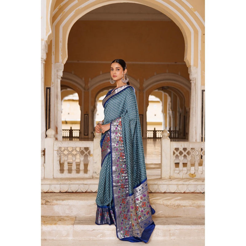 Geroo Luxe Grey and Blue Zari Woven Bandhani Silk Saree with Unstitched Blouse