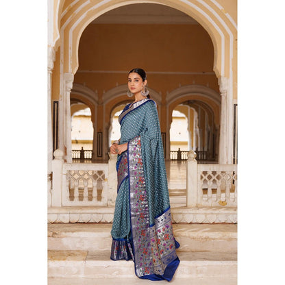 Geroo Luxe Grey and Blue Zari Woven Bandhani Silk Saree with Unstitched Blouse