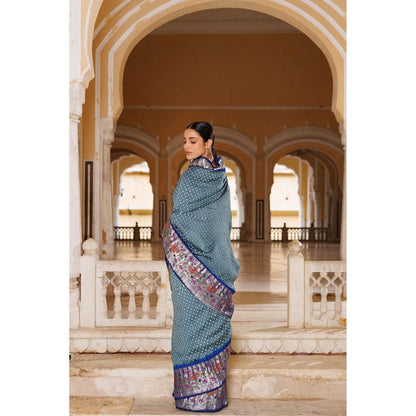Geroo Luxe Grey and Blue Zari Woven Bandhani Silk Saree with Unstitched Blouse